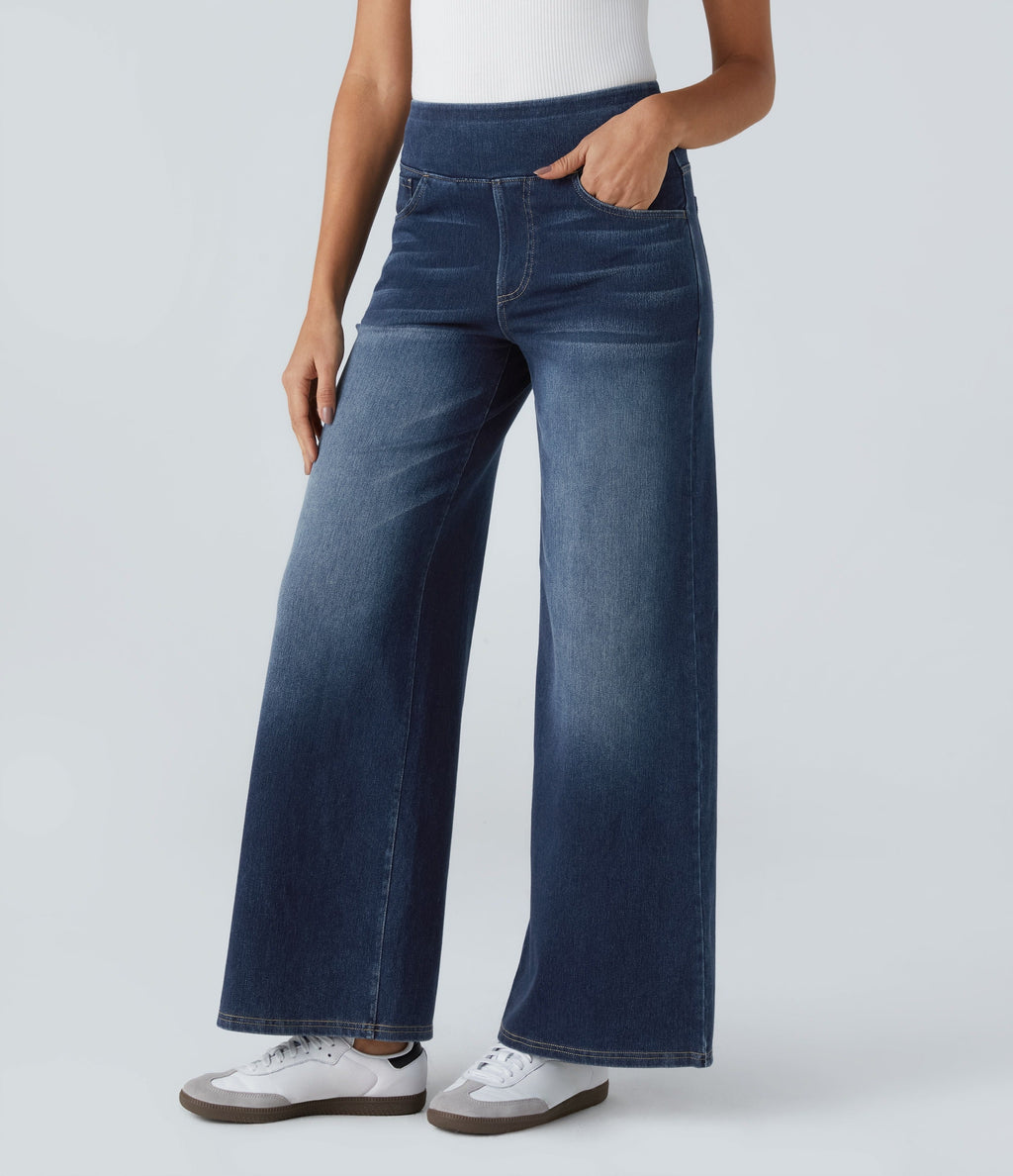 2026🔥 FlexTM High Waisted Multiple Pockets Baggy Wide Leg Washed Stretchy Knit Casual Jeans