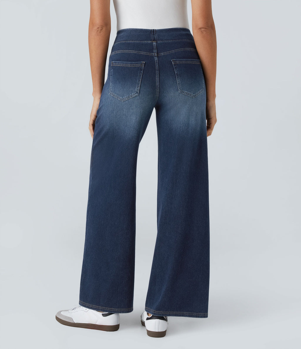 2026🔥 FlexTM High Waisted Multiple Pockets Baggy Wide Leg Washed Stretchy Knit Casual Jeans