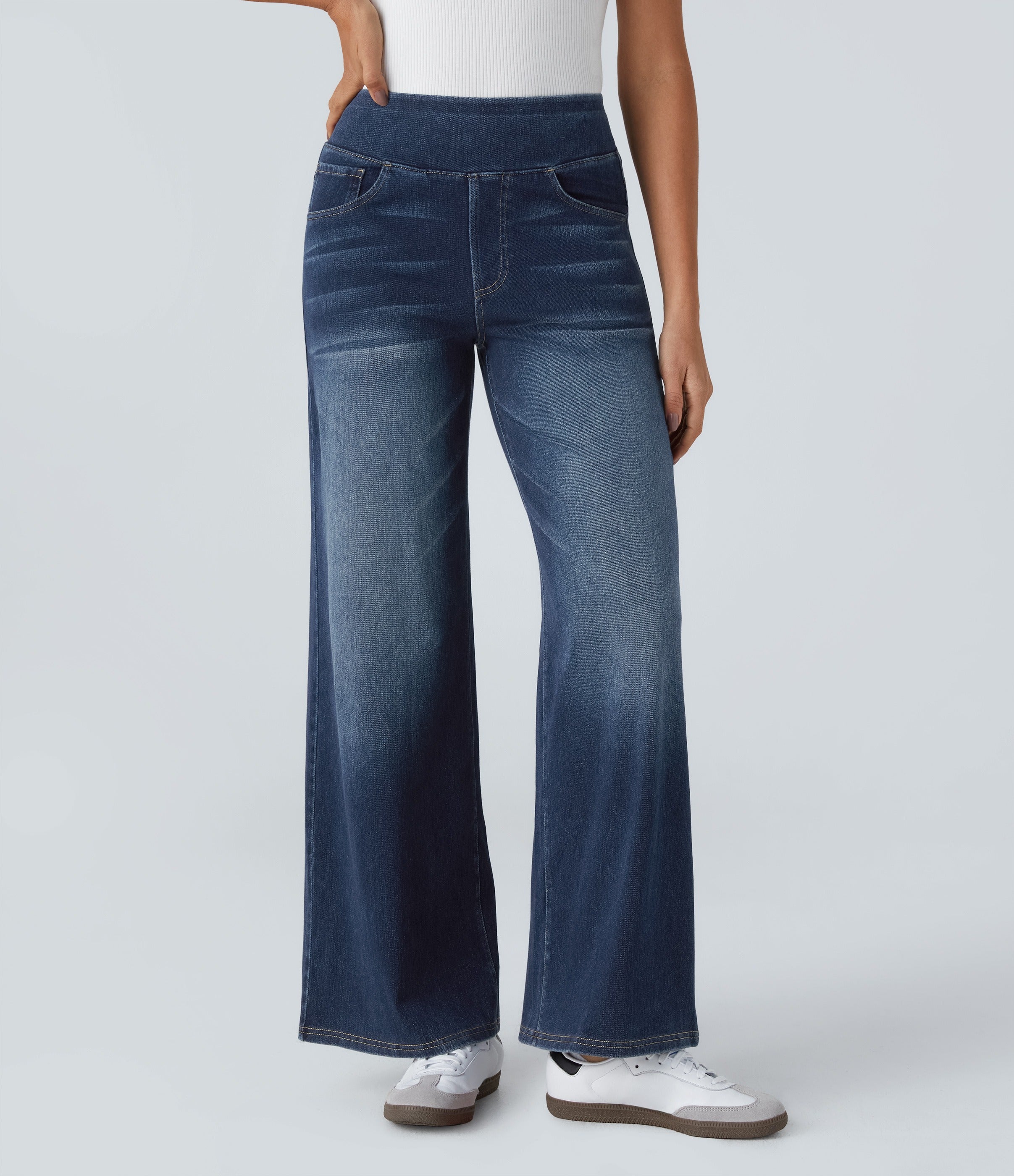 2026🔥 FlexTM High Waisted Multiple Pockets Baggy Wide Leg Washed Stretchy Knit Casual Jeans