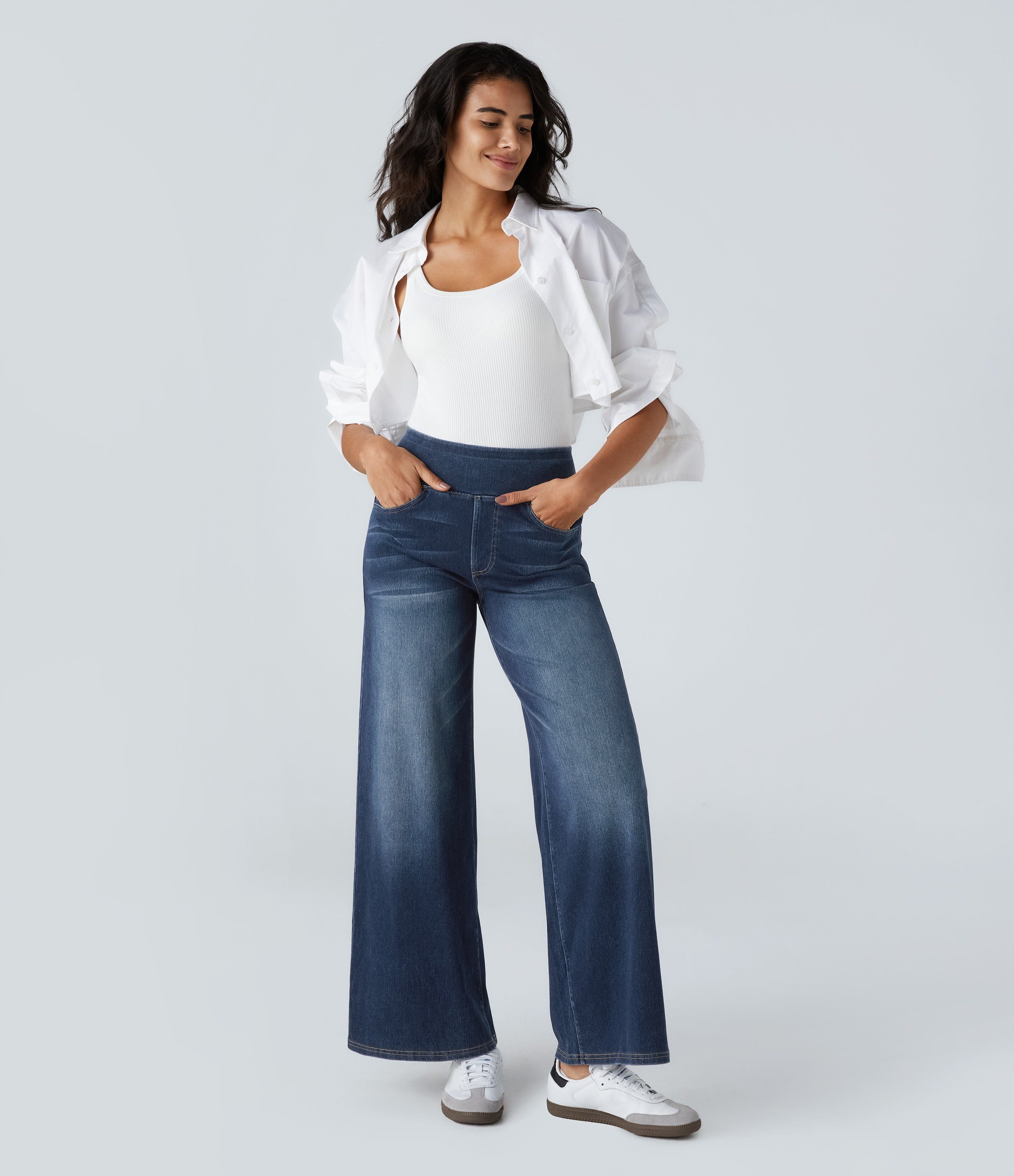 2026🔥 FlexTM High Waisted Multiple Pockets Baggy Wide Leg Washed Stretchy Knit Casual Jeans