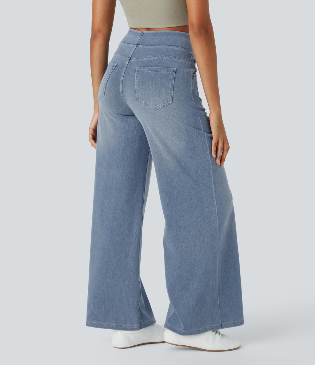 2026🔥 FlexTM High Waisted Multiple Pockets Baggy Wide Leg Washed Stretchy Knit Casual Jeans