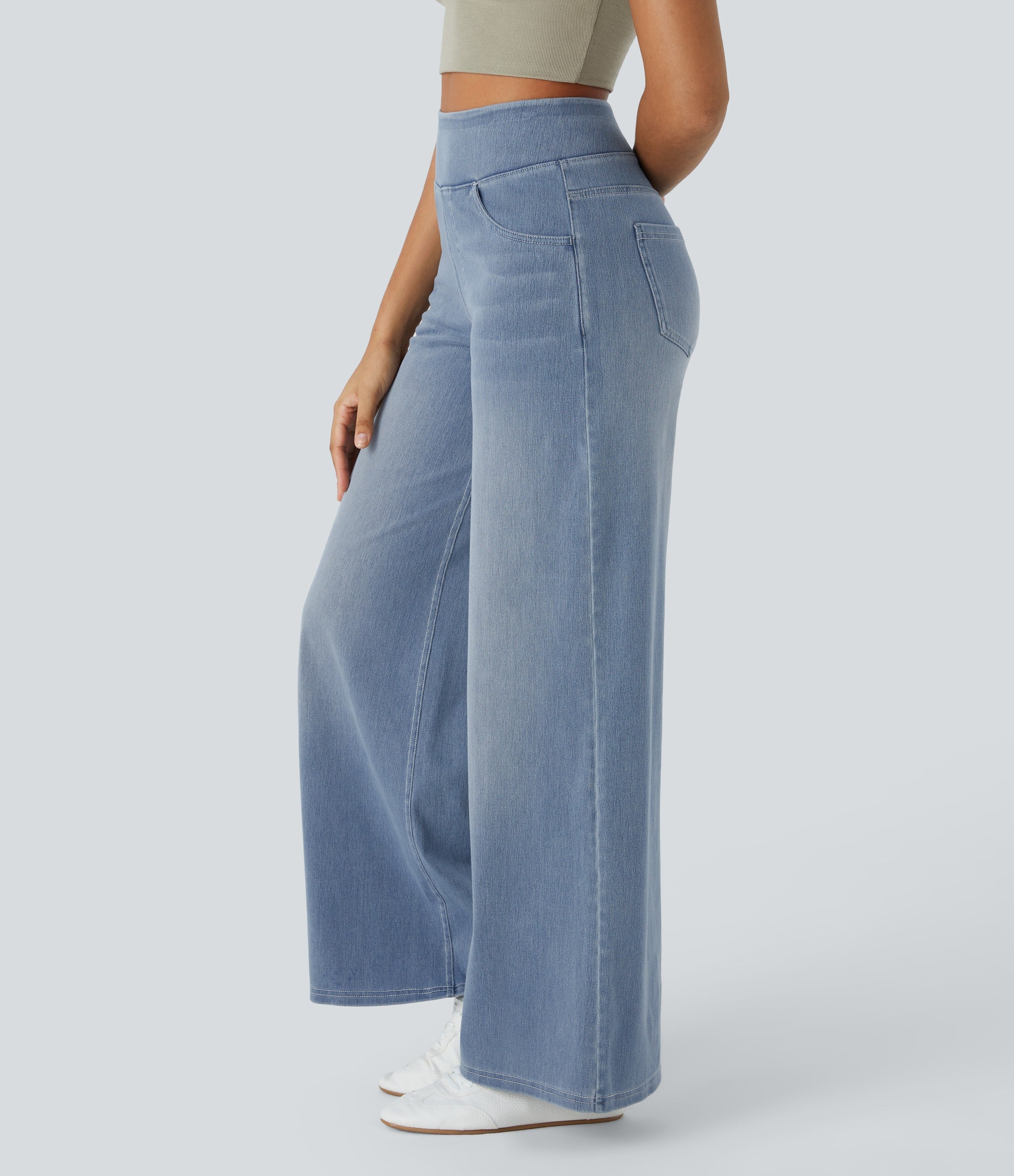 2026🔥 FlexTM High Waisted Multiple Pockets Baggy Wide Leg Washed Stretchy Knit Casual Jeans