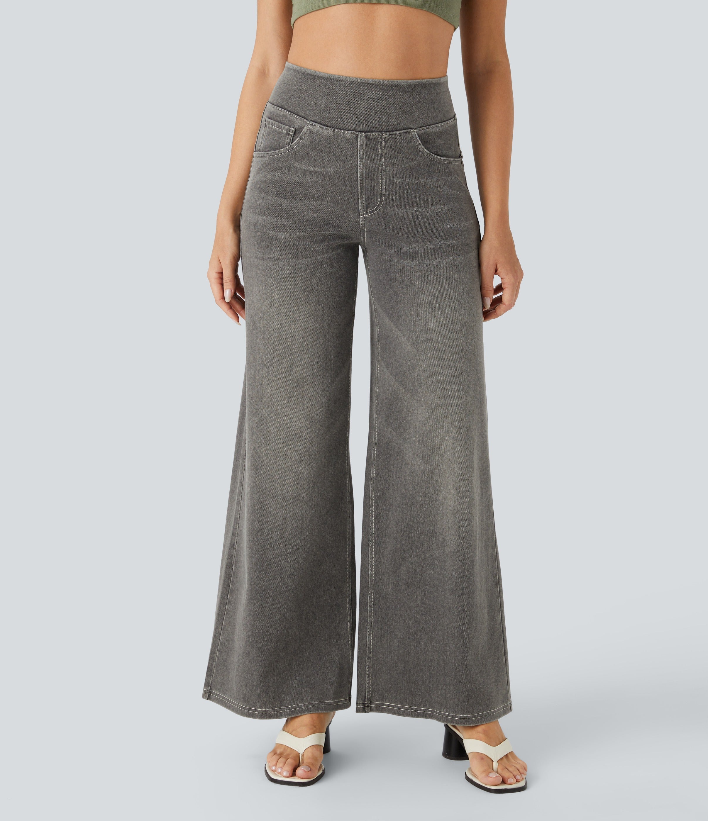 2026🔥 FlexTM High Waisted Multiple Pockets Baggy Wide Leg Washed Stretchy Knit Casual Jeans