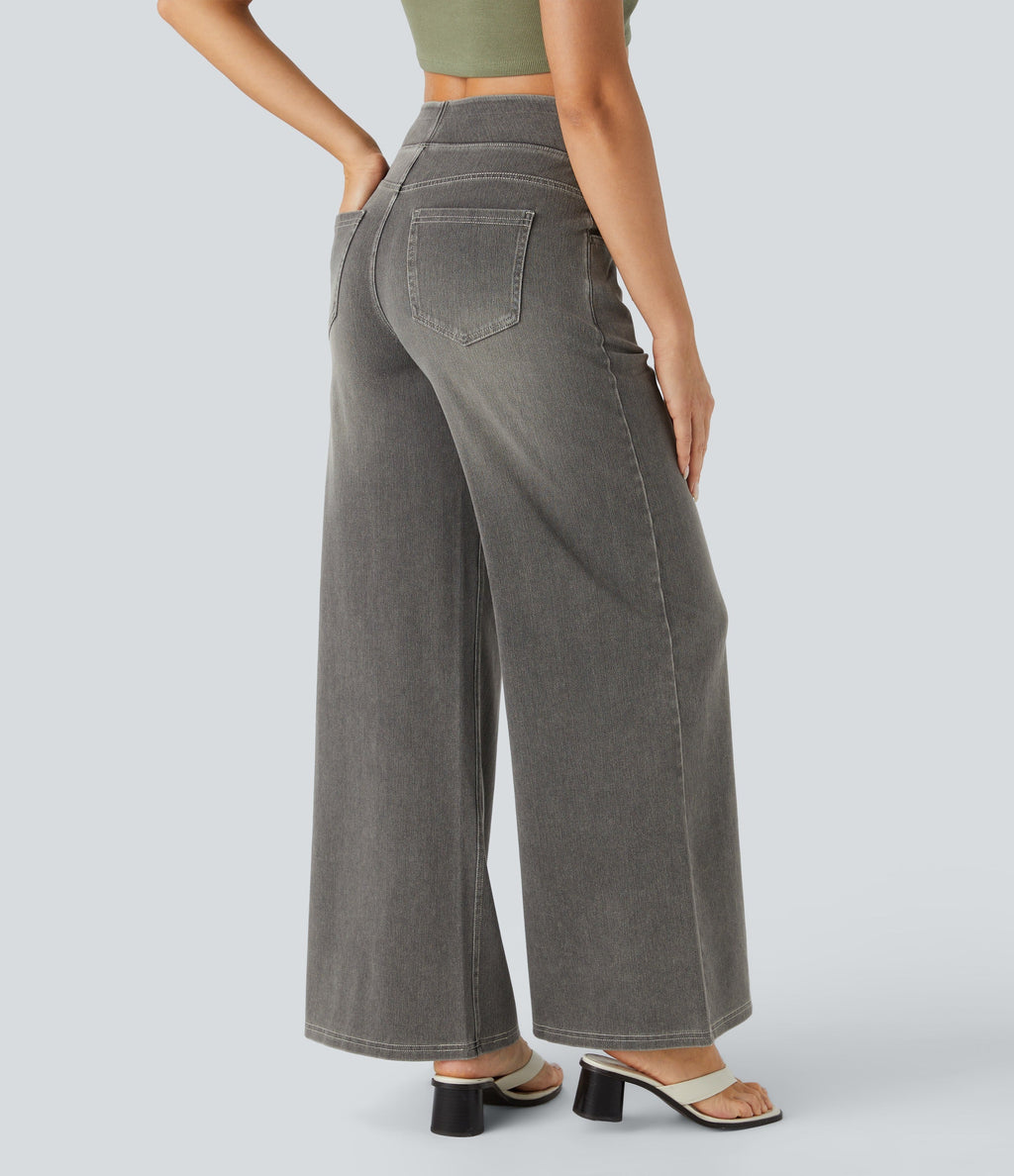 2026🔥 FlexTM High Waisted Multiple Pockets Baggy Wide Leg Washed Stretchy Knit Casual Jeans