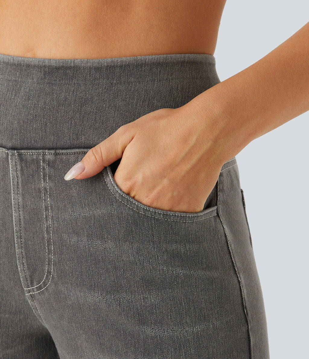 2026🔥 FlexTM High Waisted Multiple Pockets Baggy Wide Leg Washed Stretchy Knit Casual Jeans