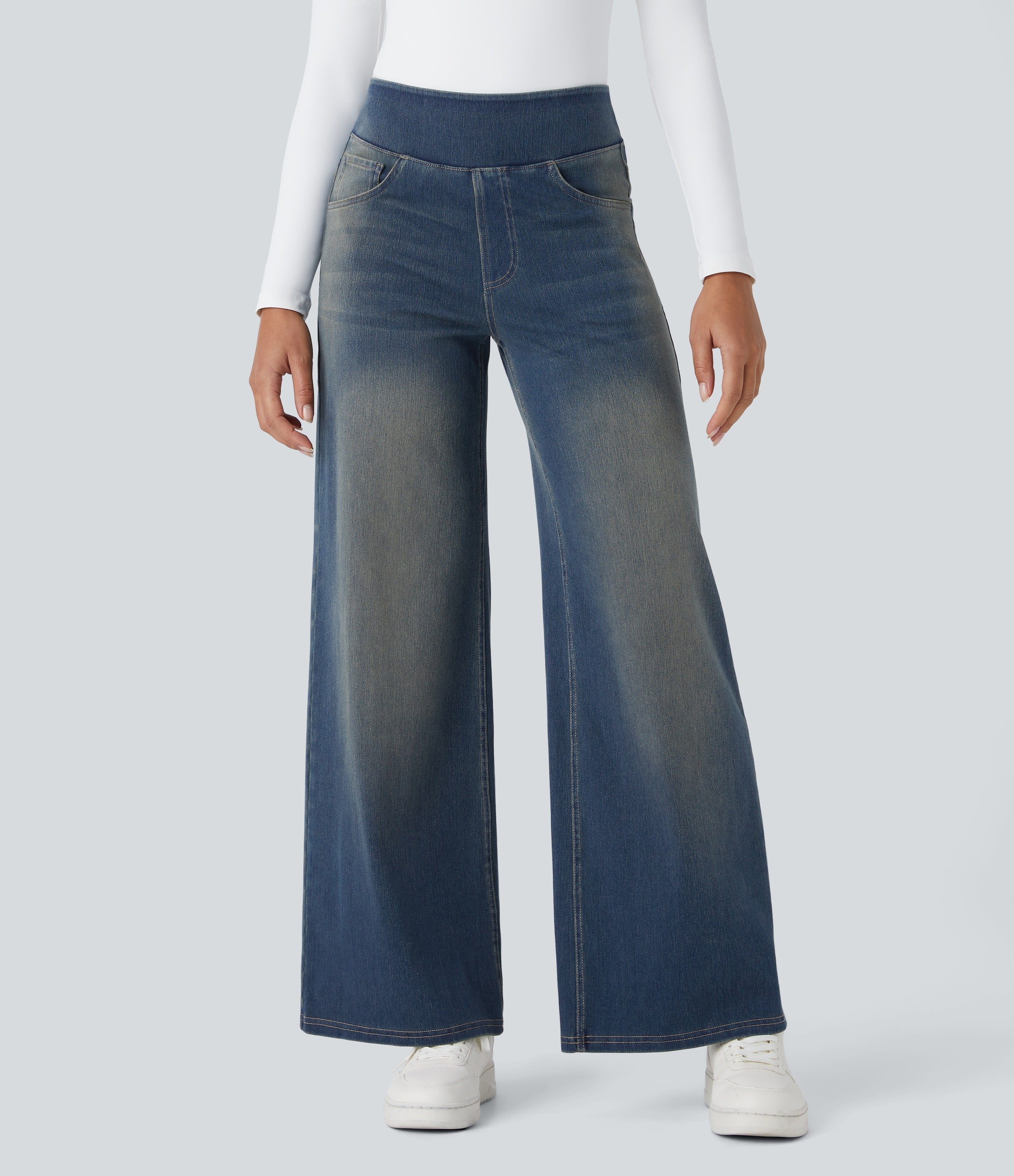 2026🔥 FlexTM High Waisted Multiple Pockets Baggy Wide Leg Washed Stretchy Knit Casual Jeans