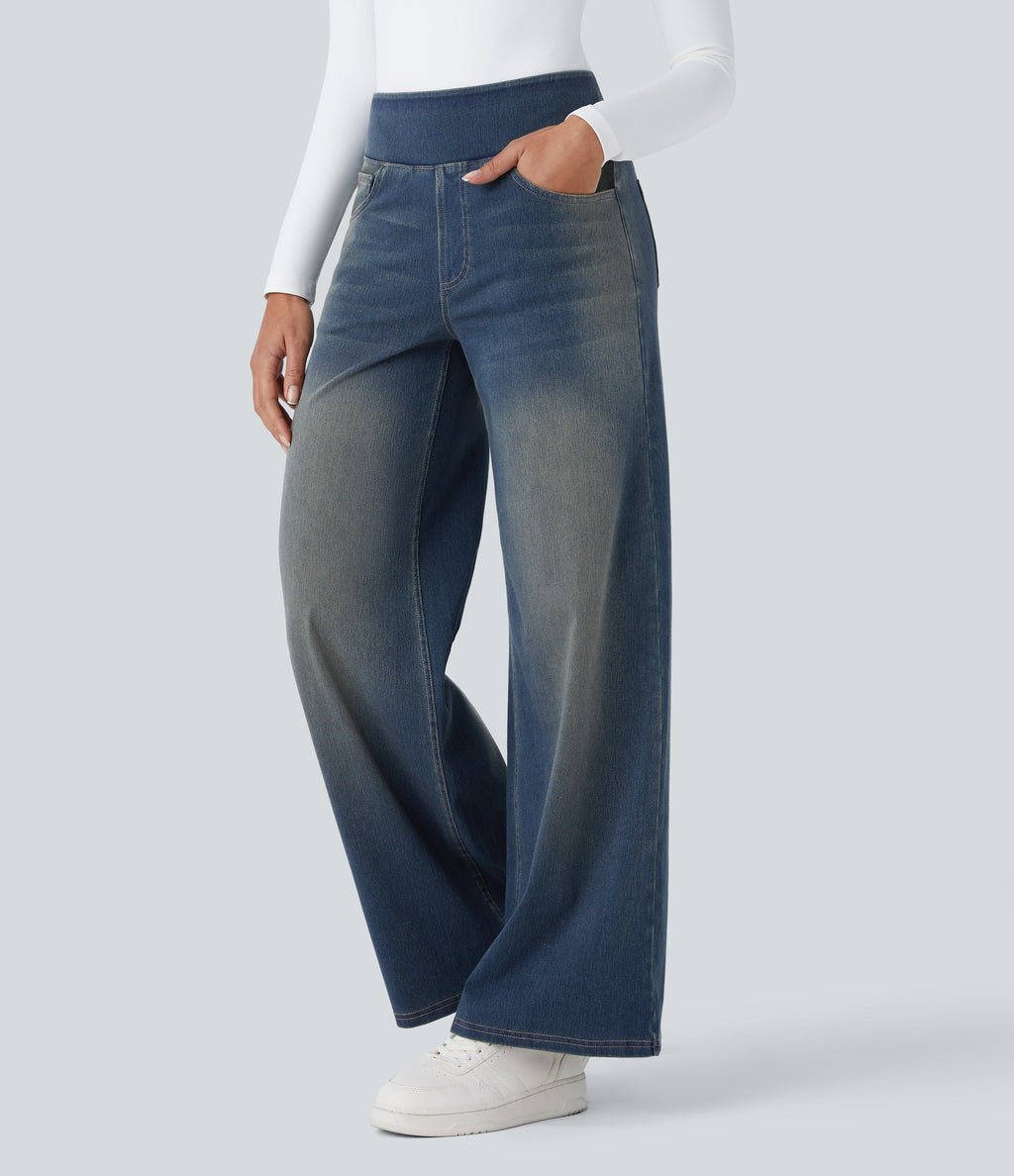 2026🔥 FlexTM High Waisted Multiple Pockets Baggy Wide Leg Washed Stretchy Knit Casual Jeans