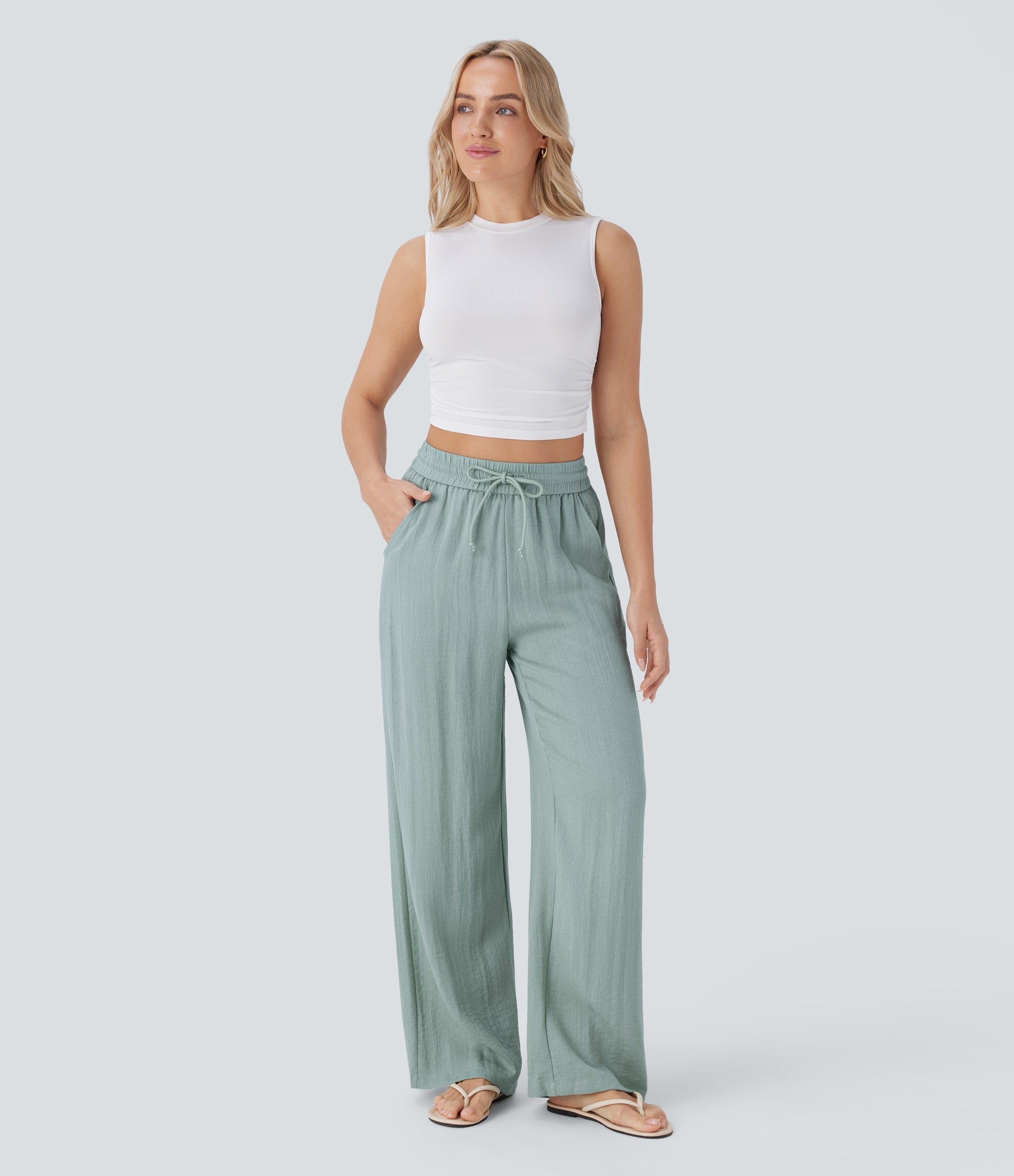 2026🔥 High Waisted Drawstring Pocket Wide Leg Casual Linen-Feel Pants