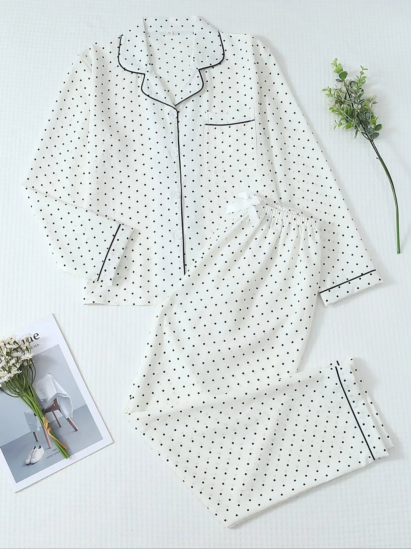 Women's Striped Bow Print Long Sleeve Woven Pajama Set, Sweet Cute Button Front Top and Pants, Casual Home Wear for All Seasons - B