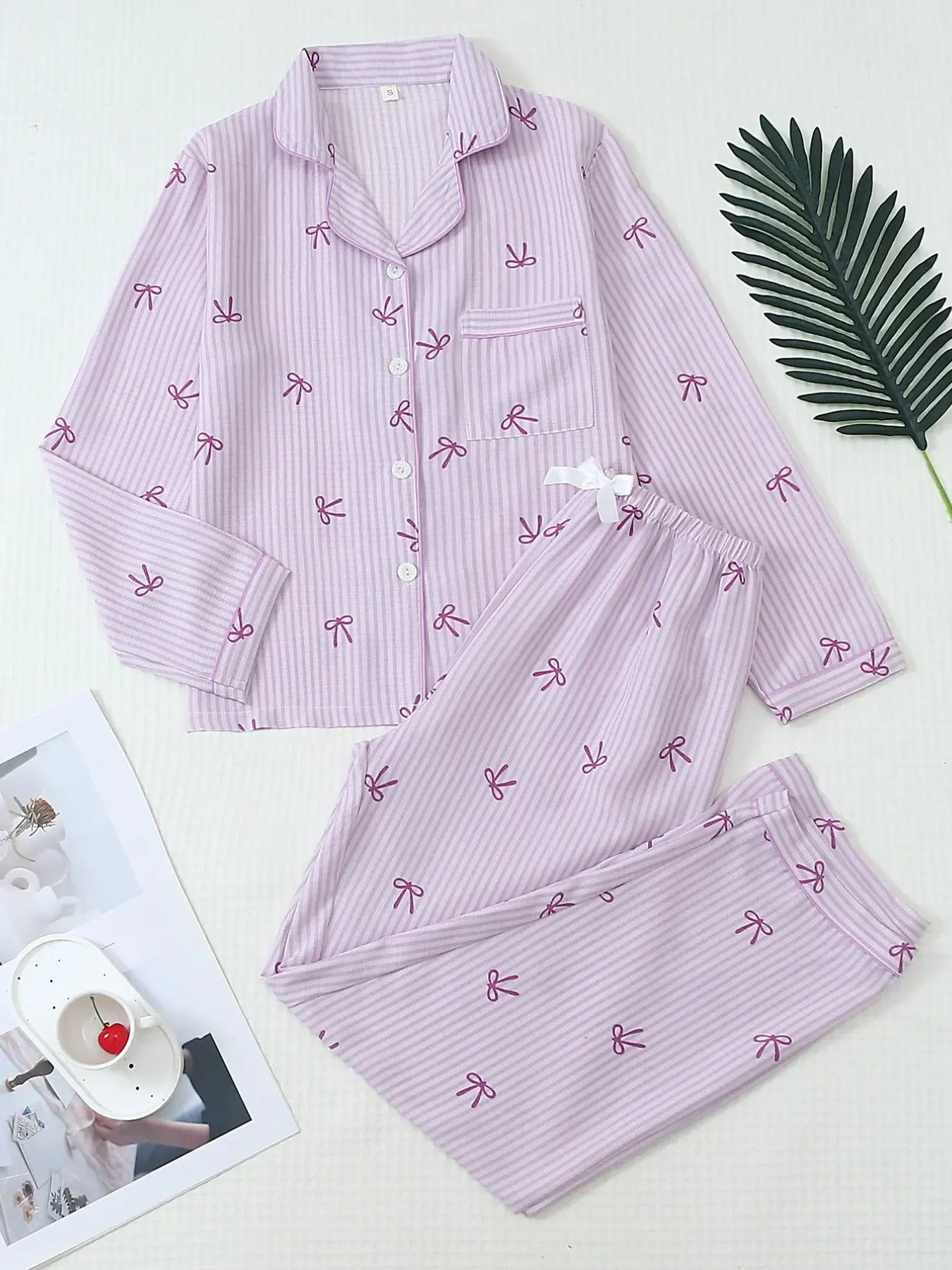 Women's Striped Bow Print Long Sleeve Woven Pajama Set, Sweet Cute Button Front Top and Pants, Casual Home Wear for All Seasons - B