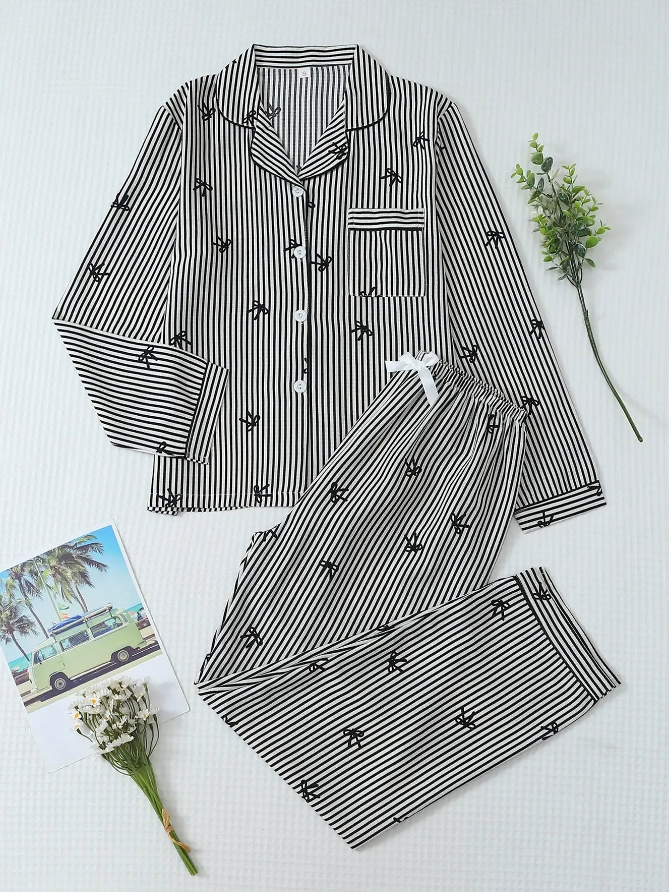 Women's Striped Bow Print Long Sleeve Woven Pajama Set, Sweet Cute Button Front Top and Pants, Casual Home Wear for All Seasons - B