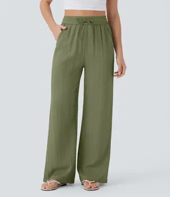 Women Summer High Waisted Drawstring Pocket Wide Leg Casual Linen-Feel Pants