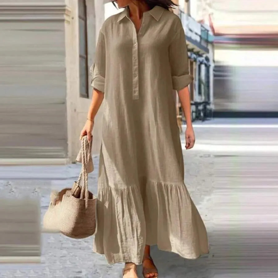A women's fashionable, gentle, casual, lazy style solid color dress with a shirt collar twist button design, suitable for summer, daily commuting, beach travel, dates, picnics, etc.