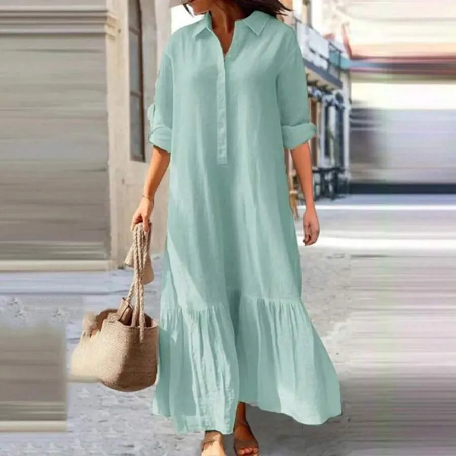 A women's fashionable, gentle, casual, lazy style solid color dress with a shirt collar twist button design, suitable for summer, daily commuting, beach travel, dates, picnics, etc.