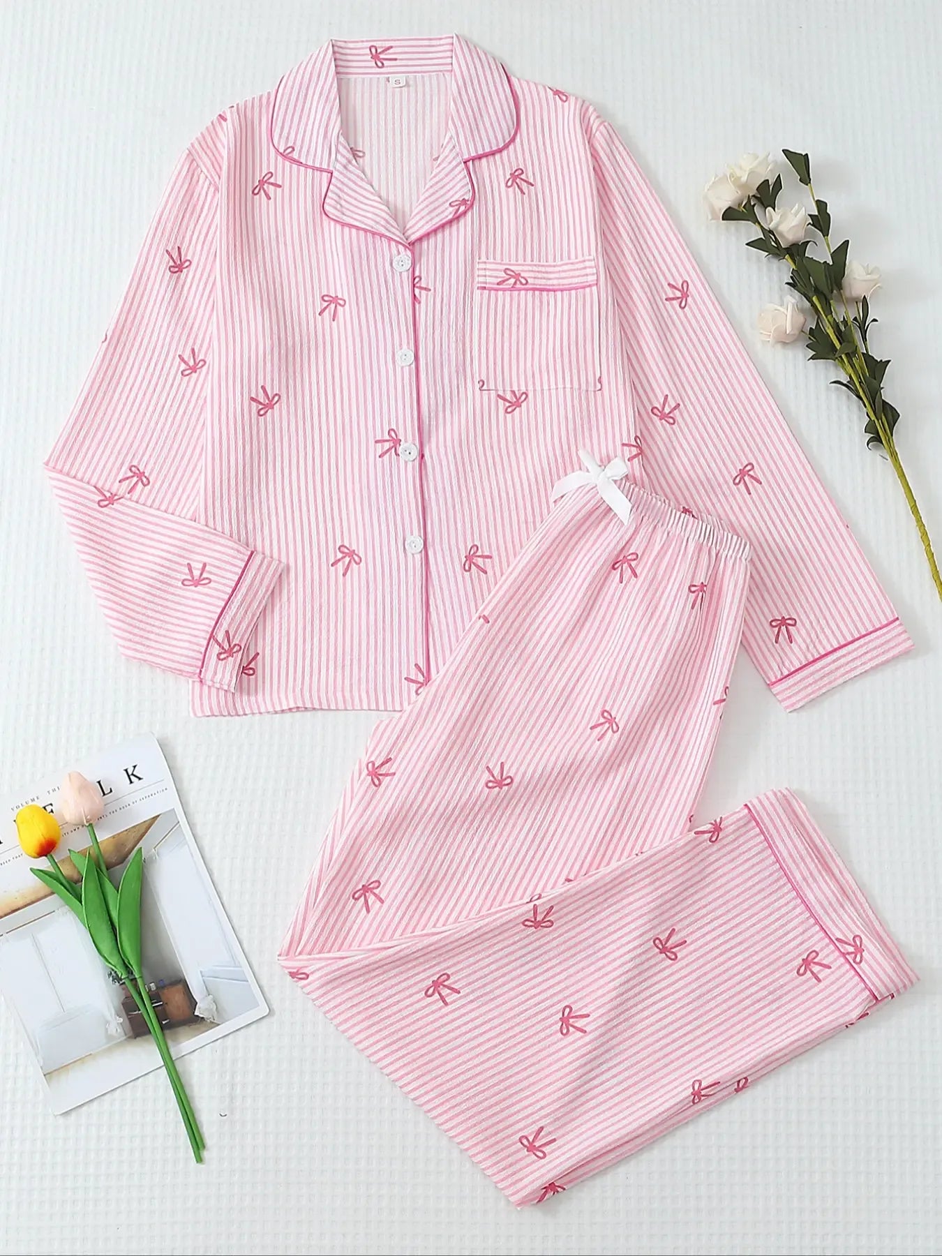 Women's Striped Bow Print Long Sleeve Woven Pajama Set, Sweet Cute Button Front Top and Pants, Casual Home Wear for All Seasons - B