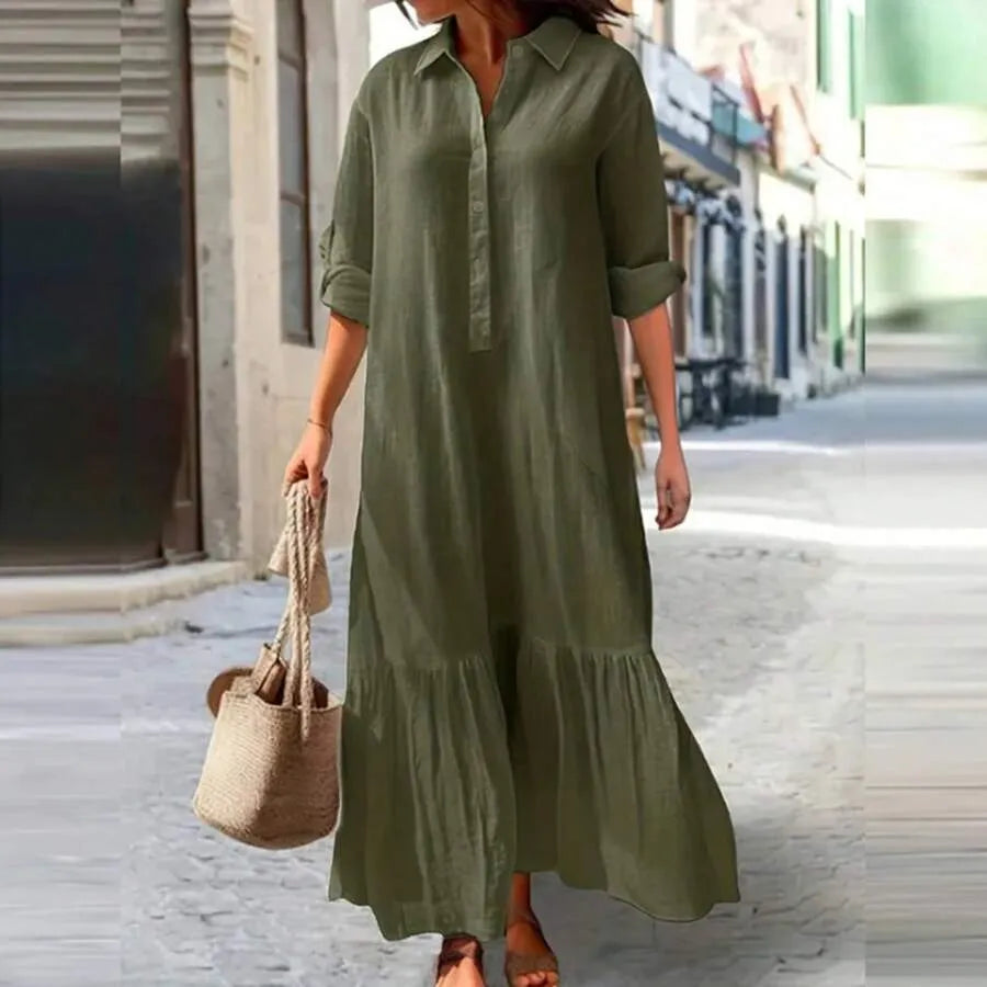 Women's Maxi Dress Linen-feel Dresses Faux Cotton Linen Shirt Dress Kaftan Dress Basic Casual Daily Vacation Regular Fit Plain Long Sleeve V Neck