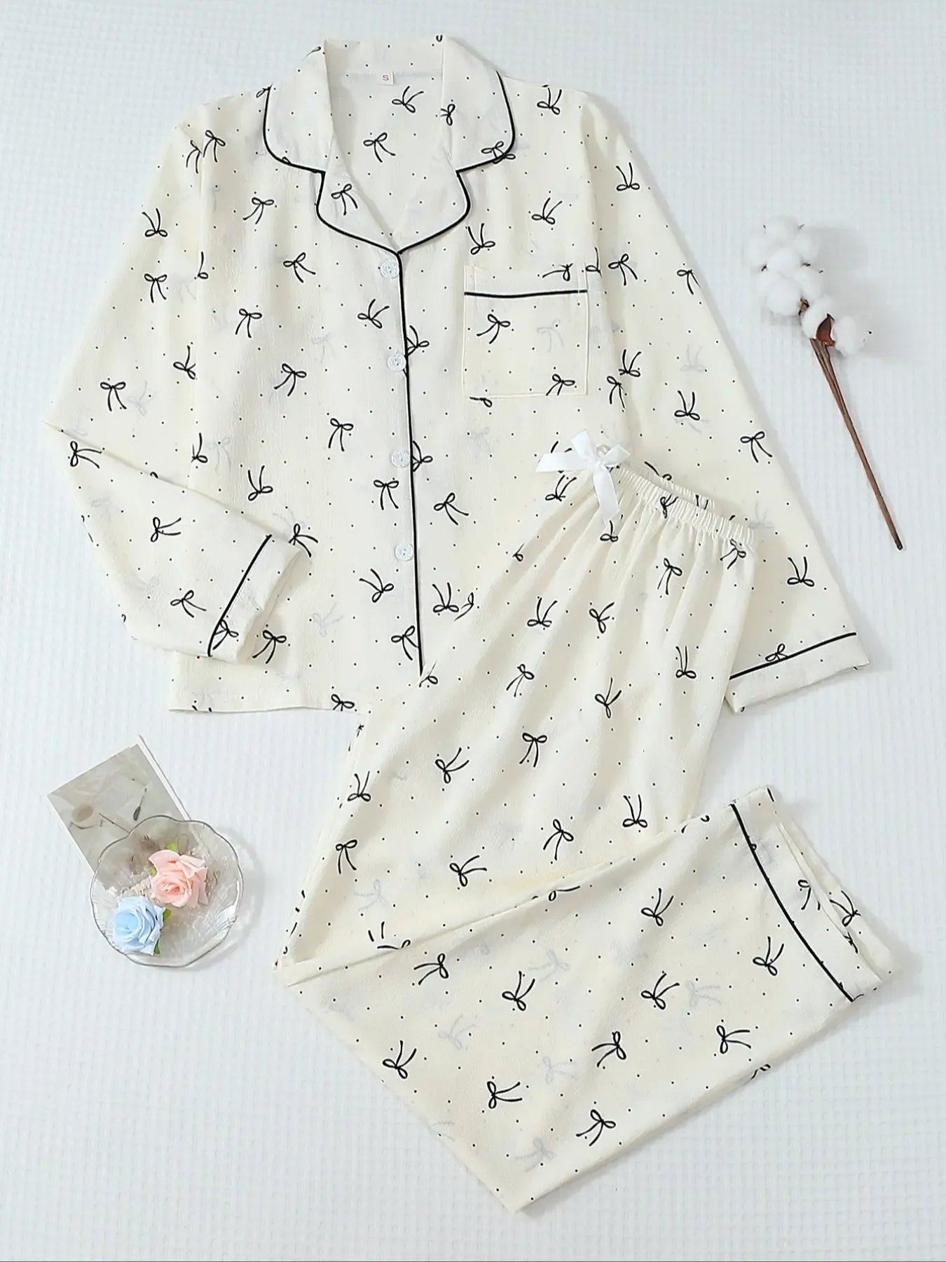 Women's Striped Bow Print Long Sleeve Woven Pajama Set, Sweet Cute Button Front Top and Pants, Casual Home Wear for All Seasons - B