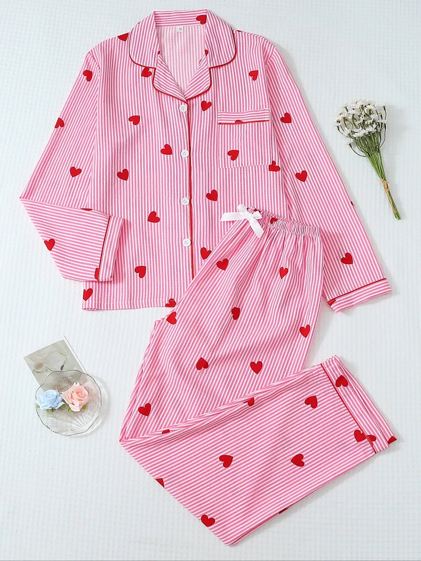 Women's Striped Bow Print Long Sleeve Woven Pajama Set, Sweet Cute Button Front Top and Pants, Casual Home Wear for All Seasons - B