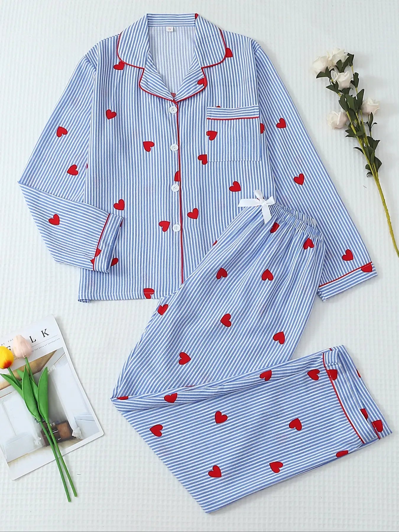 Women's Striped Bow Print Long Sleeve Woven Pajama Set, Sweet Cute Button Front Top and Pants, Casual Home Wear for All Seasons - B