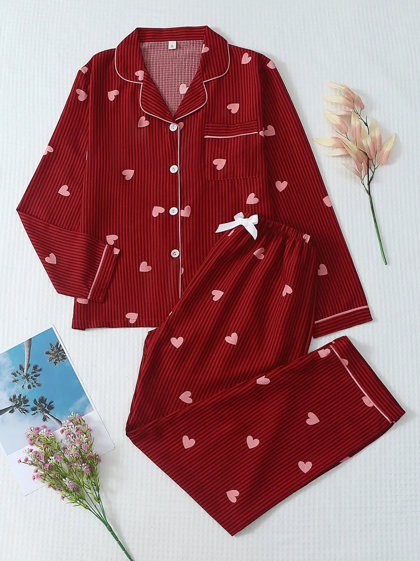Women's Striped Bow Print Long Sleeve Woven Pajama Set, Sweet Cute Button Front Top and Pants, Casual Home Wear for All Seasons - B