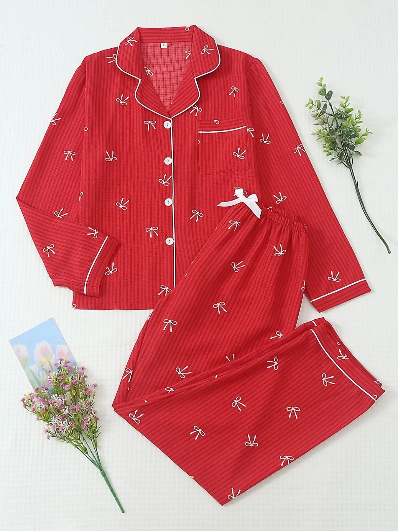 Women's Striped Bow Print Long Sleeve Woven Pajama Set, Sweet Cute Button Front Top and Pants, Casual Home Wear for All Seasons - B