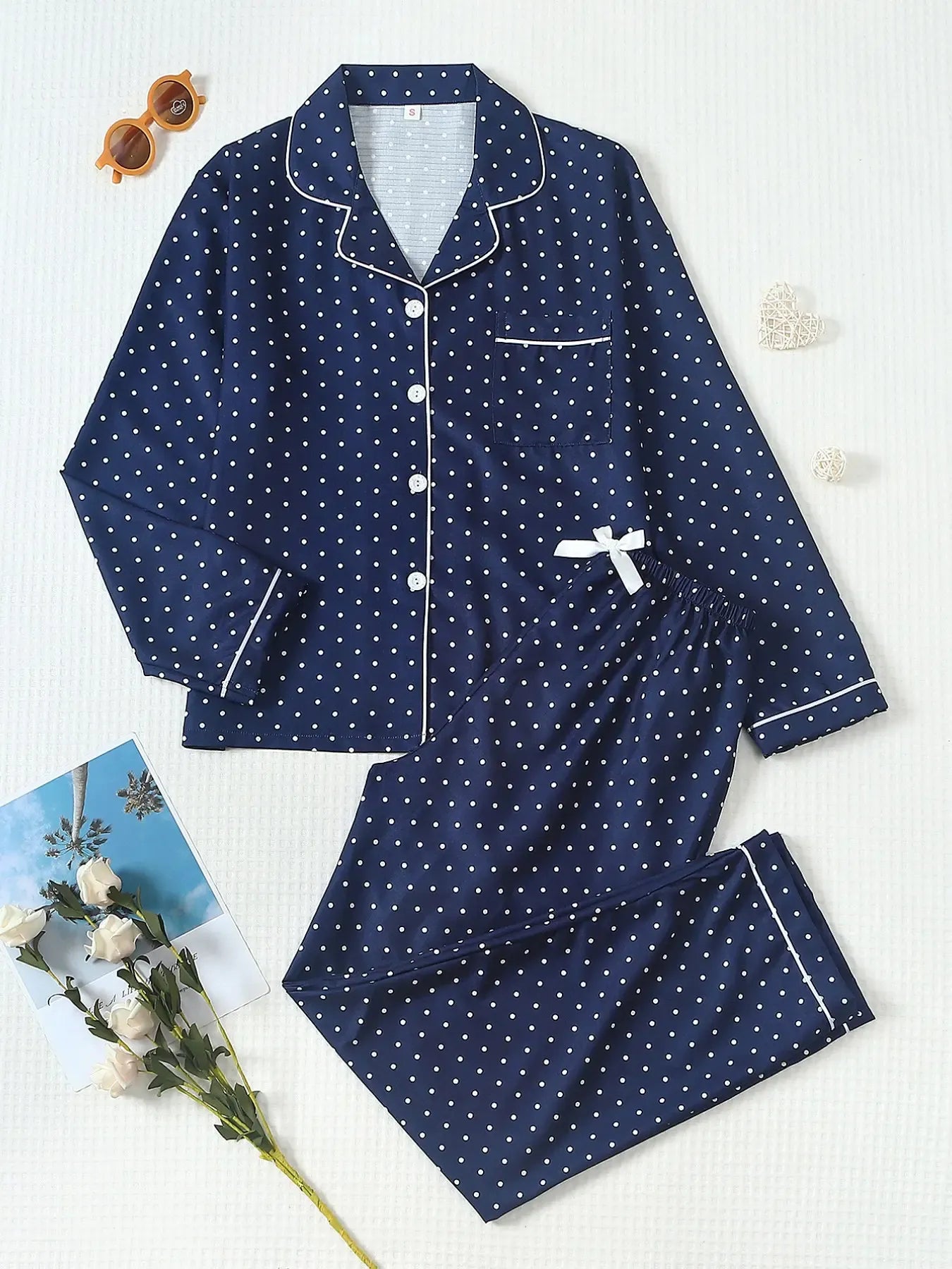 Women's Striped Bow Print Long Sleeve Woven Pajama Set, Sweet Cute Button Front Top and Pants, Casual Home Wear for All Seasons - B