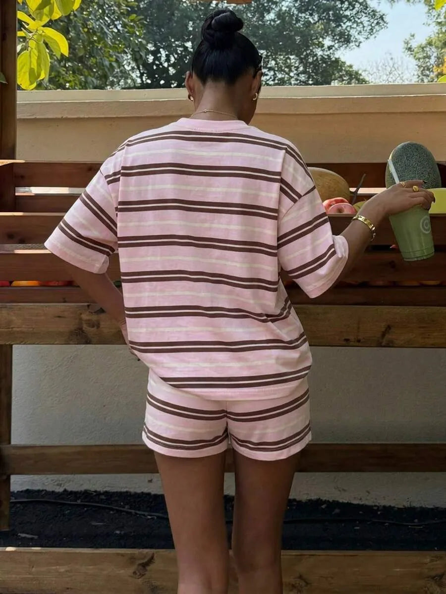 Women's Casual Loose Fit Set, Striped Print Suit, Summer Vacation American Retro Street Style, Perfect for All-Day Home Wear