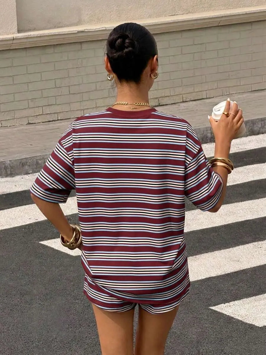 Women's Casual Loose Fit Set, Striped Print Suit, Summer Vacation American Retro Street Style, Perfect for All-Day Home Wear