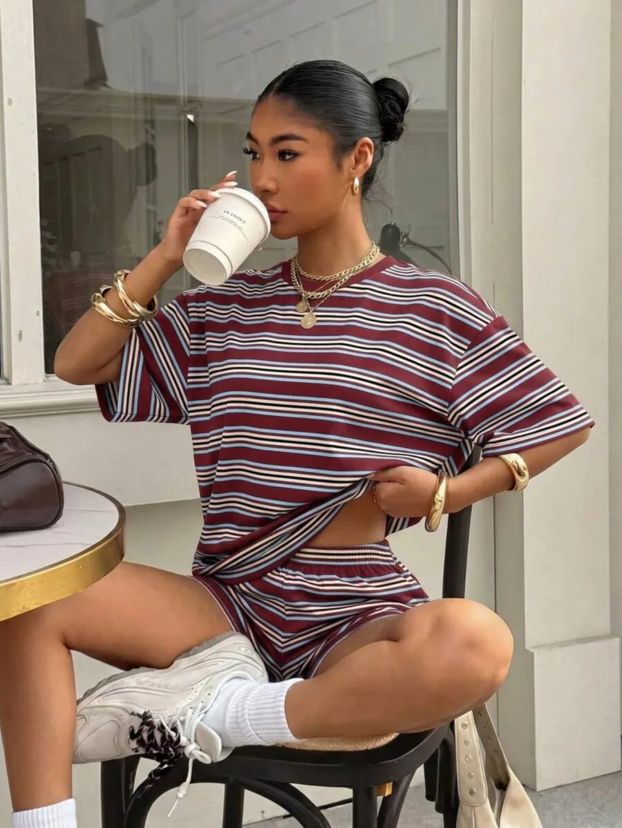Women's Casual Loose Fit Set, Striped Print Suit, Summer Vacation American Retro Street Style, Perfect for All-Day Home Wear
