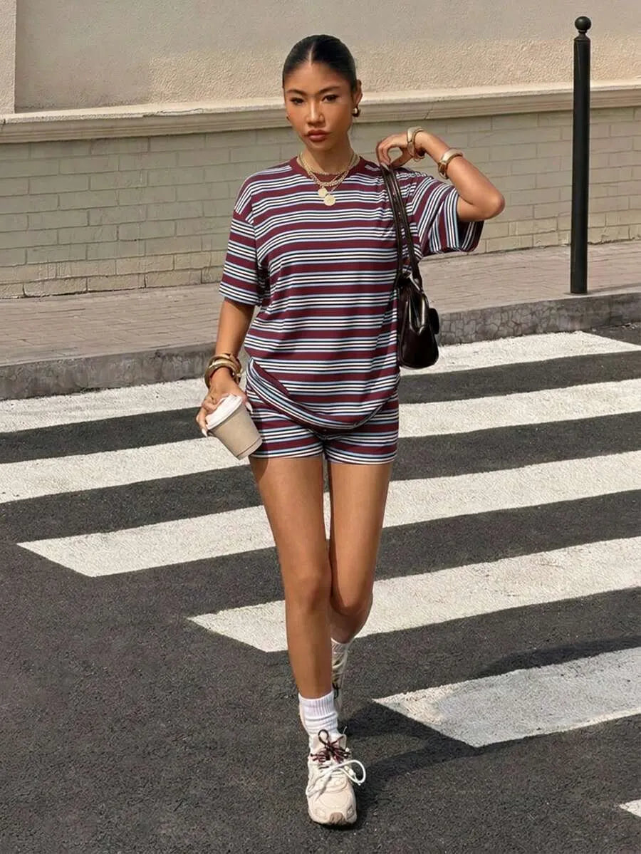 Women's Casual Loose Fit Set, Striped Print Suit, Summer Vacation American Retro Street Style, Perfect for All-Day Home Wear