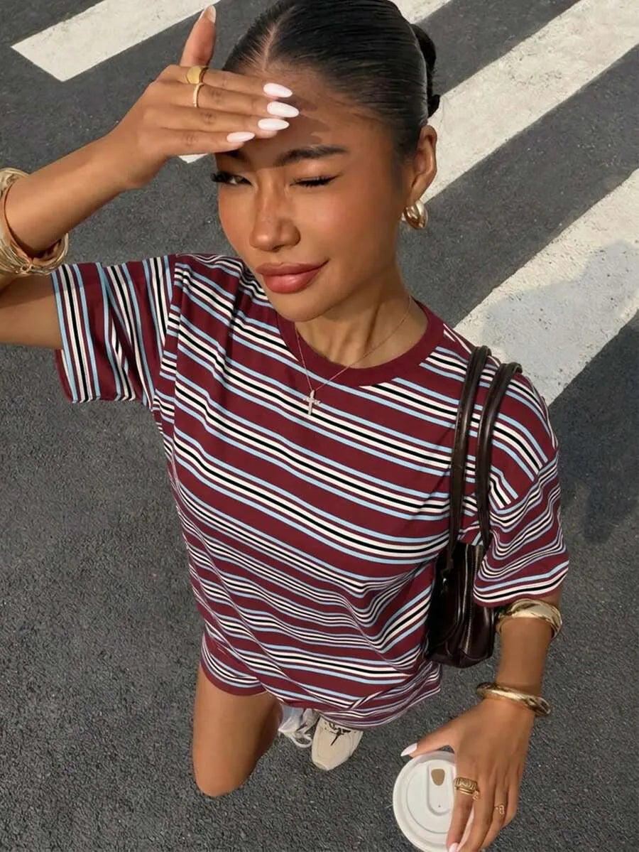 Women's Casual Loose Fit Set, Striped Print Suit, Summer Vacation American Retro Street Style, Perfect for All-Day Home Wear
