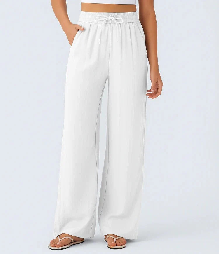 Women Summer High Waisted Drawstring Pocket Wide Leg Casual Linen-Feel Pants