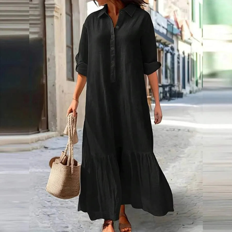 A women's fashionable, gentle, casual, lazy style solid color dress with a shirt collar twist button design, suitable for summer, daily commuting, beach travel, dates, picnics, etc.