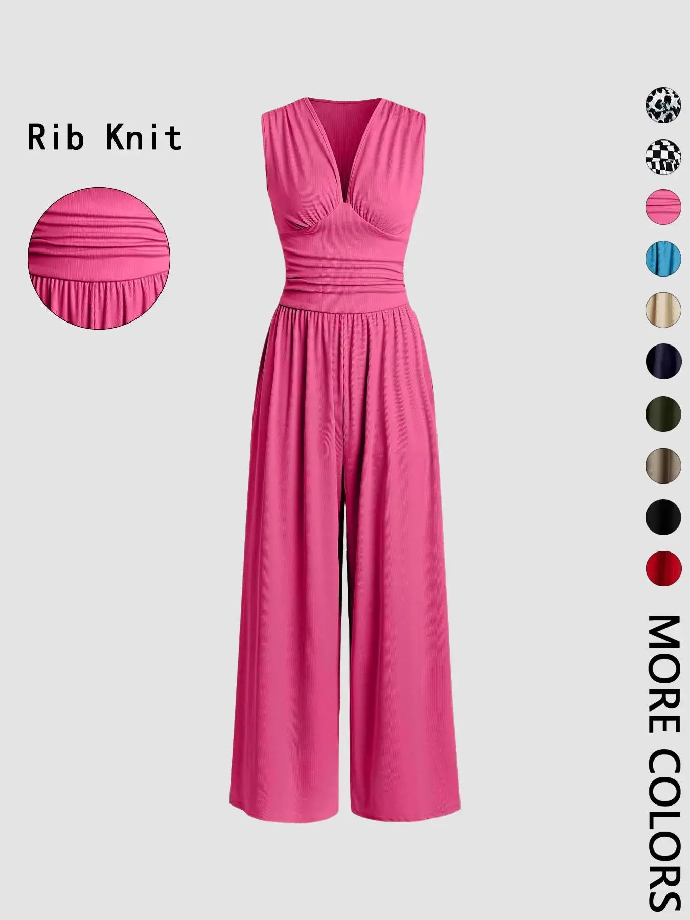 2026 Women's new jumpsuit with pockets Plain Ruched V Neck Ribbed Tank Jumpsuit, Summer Outfits 2025, Elegant Sleeveless Wide Leg Jumpsuit for Women for Vacation Holiday Party, Ladies Summer Clothes