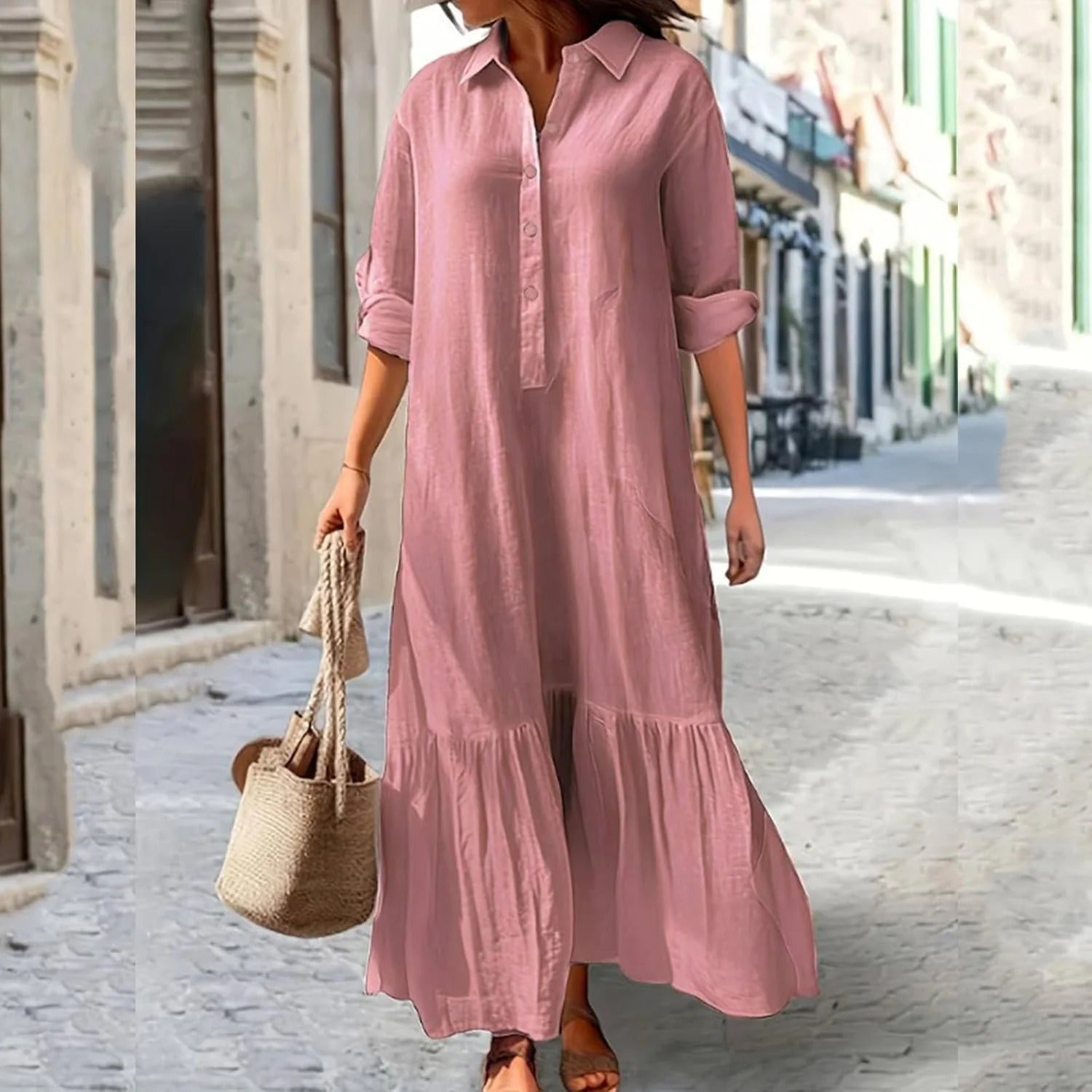 Women's Maxi Dress Linen-feel Dresses Faux Cotton Linen Shirt Dress Kaftan Dress Basic Casual Daily Vacation Regular Fit Plain Long Sleeve V Neck