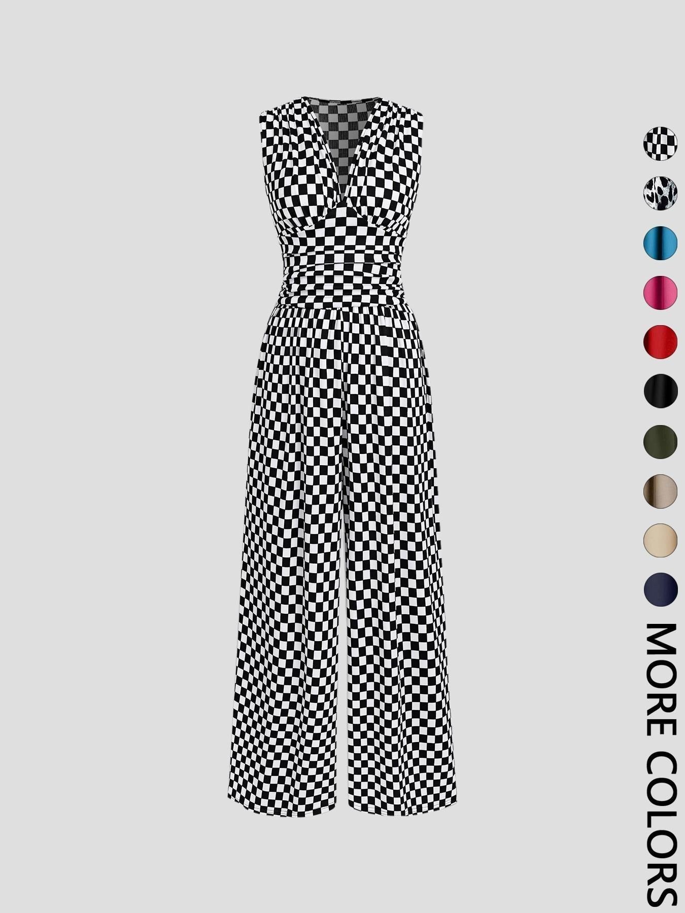 2026 Women's new jumpsuit with pockets Plain Ruched V Neck Ribbed Tank Jumpsuit, Summer Outfits 2025, Elegant Sleeveless Wide Leg Jumpsuit for Women for Vacation Holiday Party, Ladies Summer Clothes
