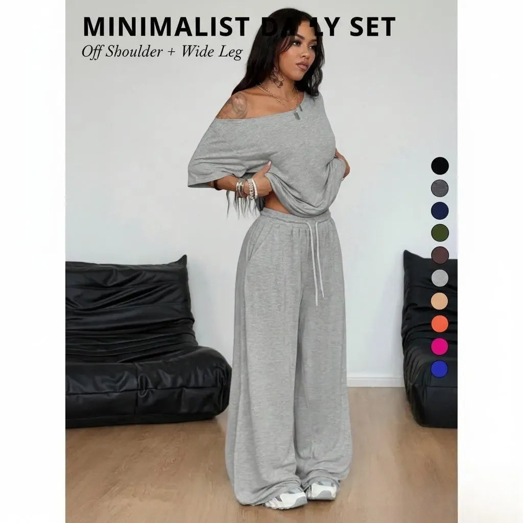 2pcs/Set Women's Minimalist Basic Daily Wear Going Out Sport Comfortable Off Shoulder T-Shirt And Wide Leg Pants Two Pieces Outfits