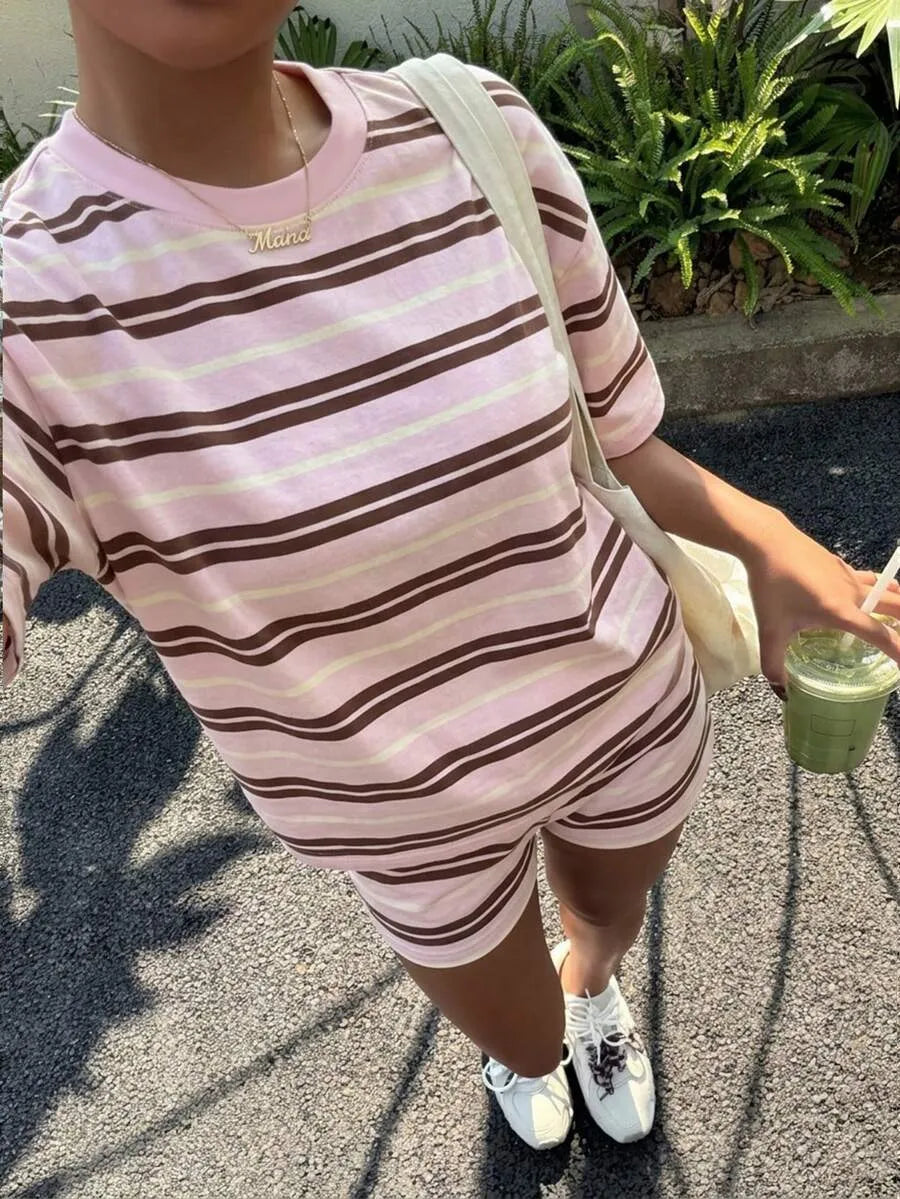 Women's Casual Loose Fit Set, Striped Print Suit, Summer Vacation American Retro Street Style, Perfect for All-Day Home Wear