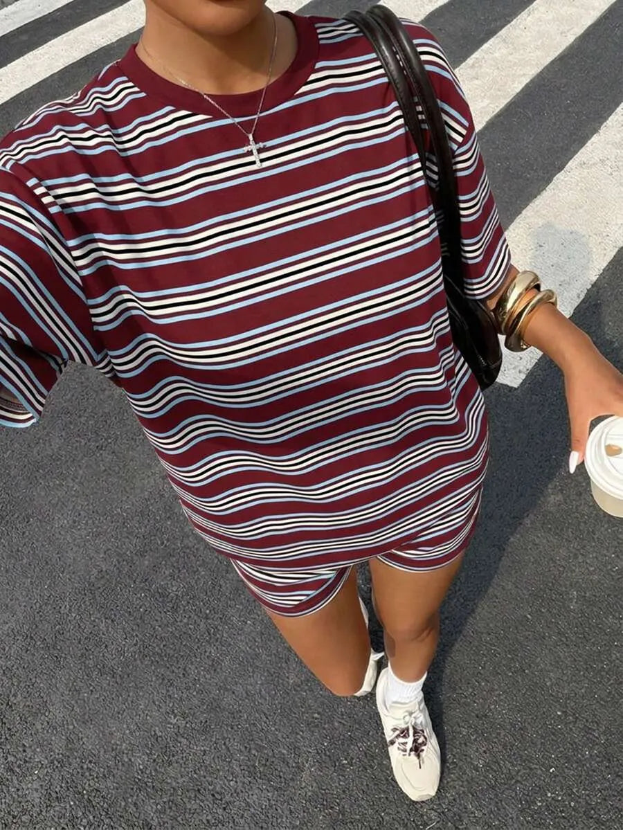 Women's Casual Loose Fit Set, Striped Print Suit, Summer Vacation American Retro Street Style, Perfect for All-Day Home Wear