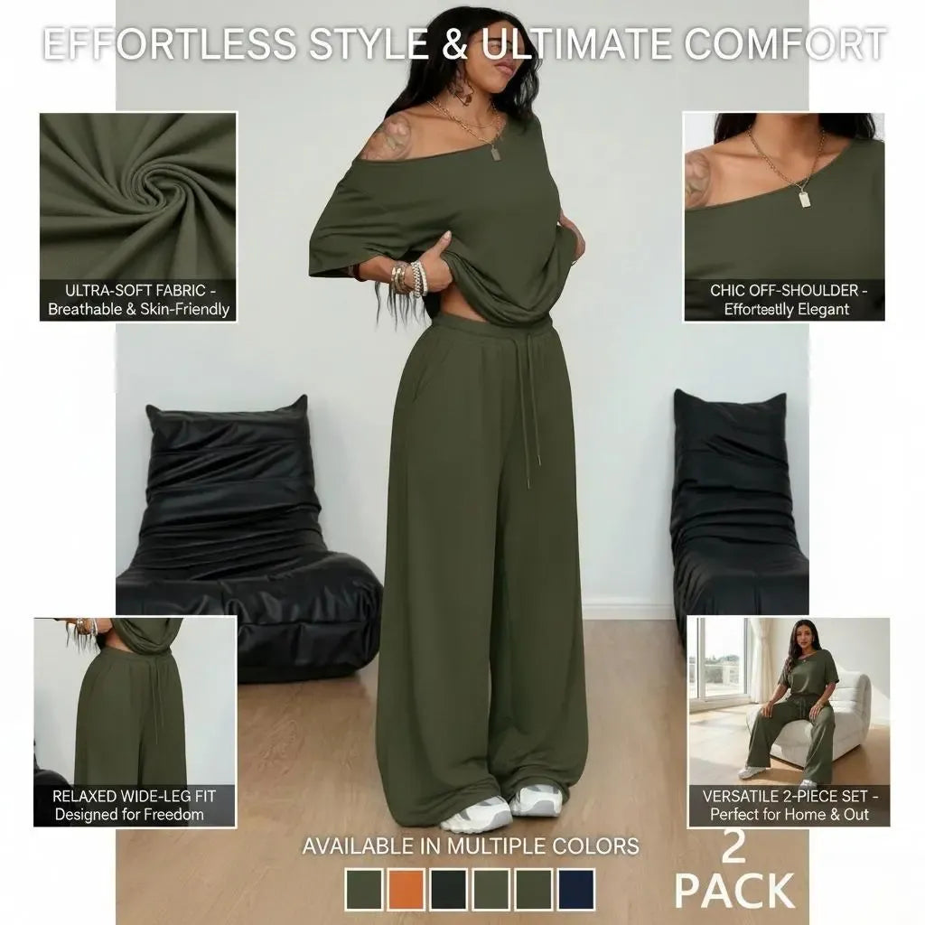 2pcs/Set Women's Minimalist Basic Daily Wear Going Out Sport Comfortable Off Shoulder T-Shirt And Wide Leg Pants Two Pieces Outfits