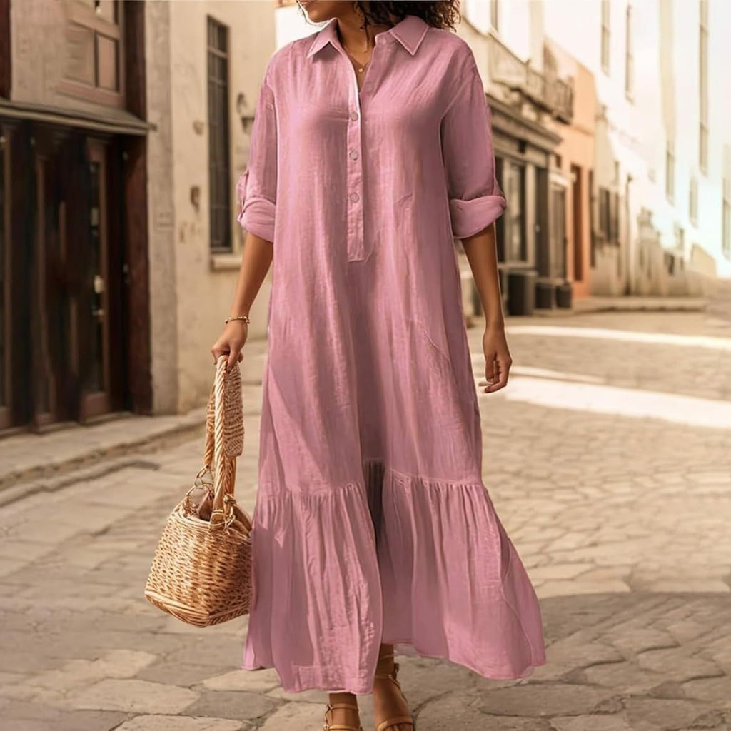 A women's fashionable, gentle, casual, lazy style solid color dress with a shirt collar twist button design, suitable for summer, daily commuting, beach travel, dates, picnics, etc.