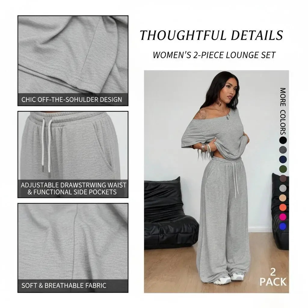 2pcs/Set Women's Minimalist Basic Daily Wear Going Out Sport Comfortable Off Shoulder T-Shirt And Wide Leg Pants Two Pieces Outfits
