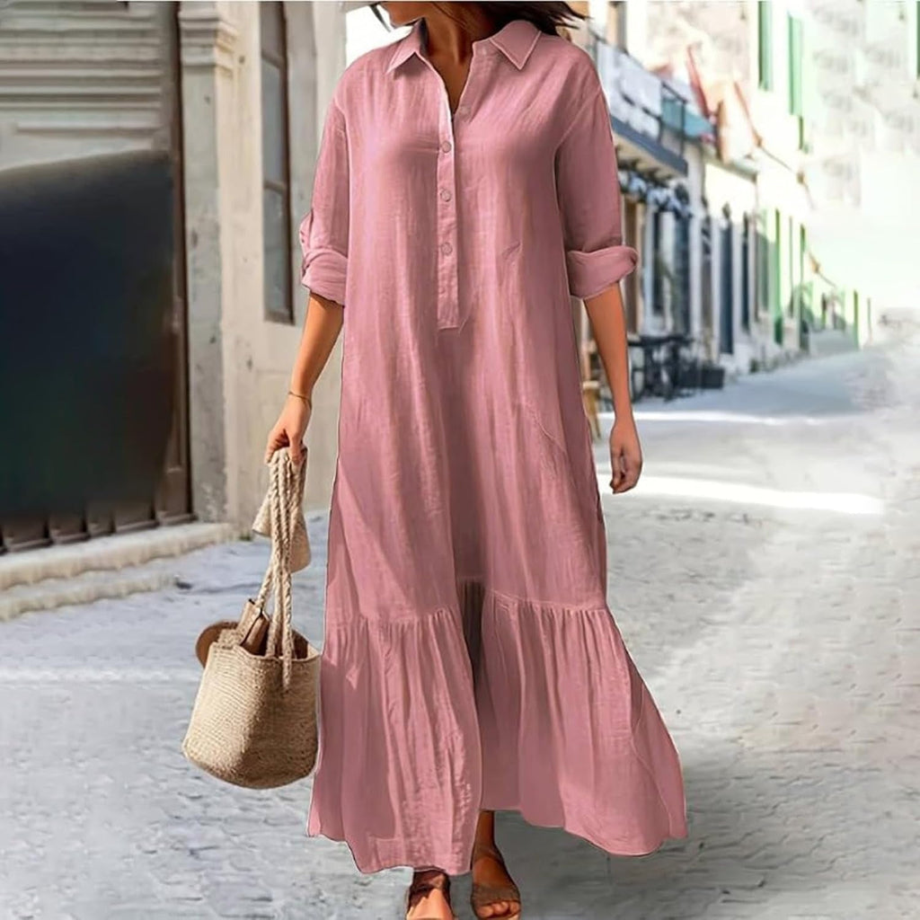 A women's fashionable, gentle, casual, lazy style solid color dress with a shirt collar twist button design, suitable for summer, daily commuting, beach travel, dates, picnics, etc.