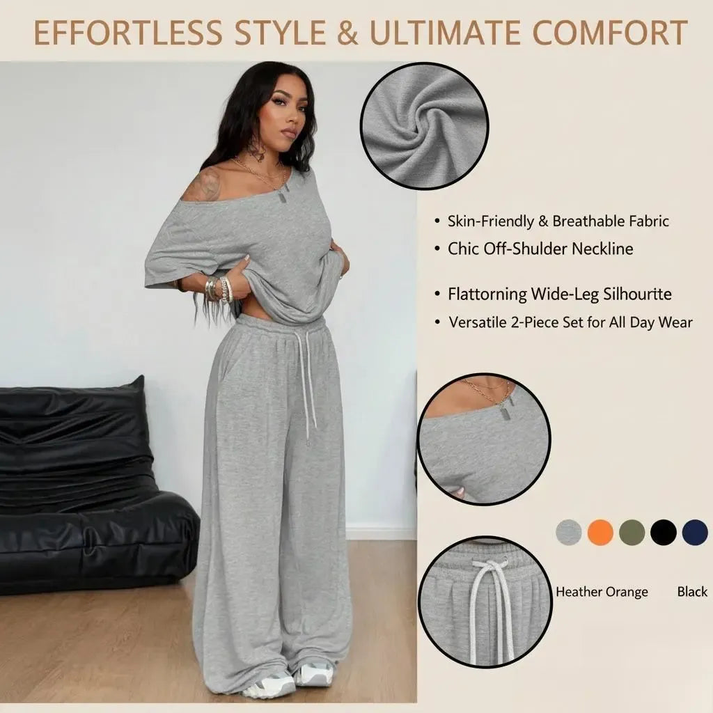 2pcs/Set Women's Minimalist Basic Daily Wear Going Out Sport Comfortable Off Shoulder T-Shirt And Wide Leg Pants Two Pieces Outfits