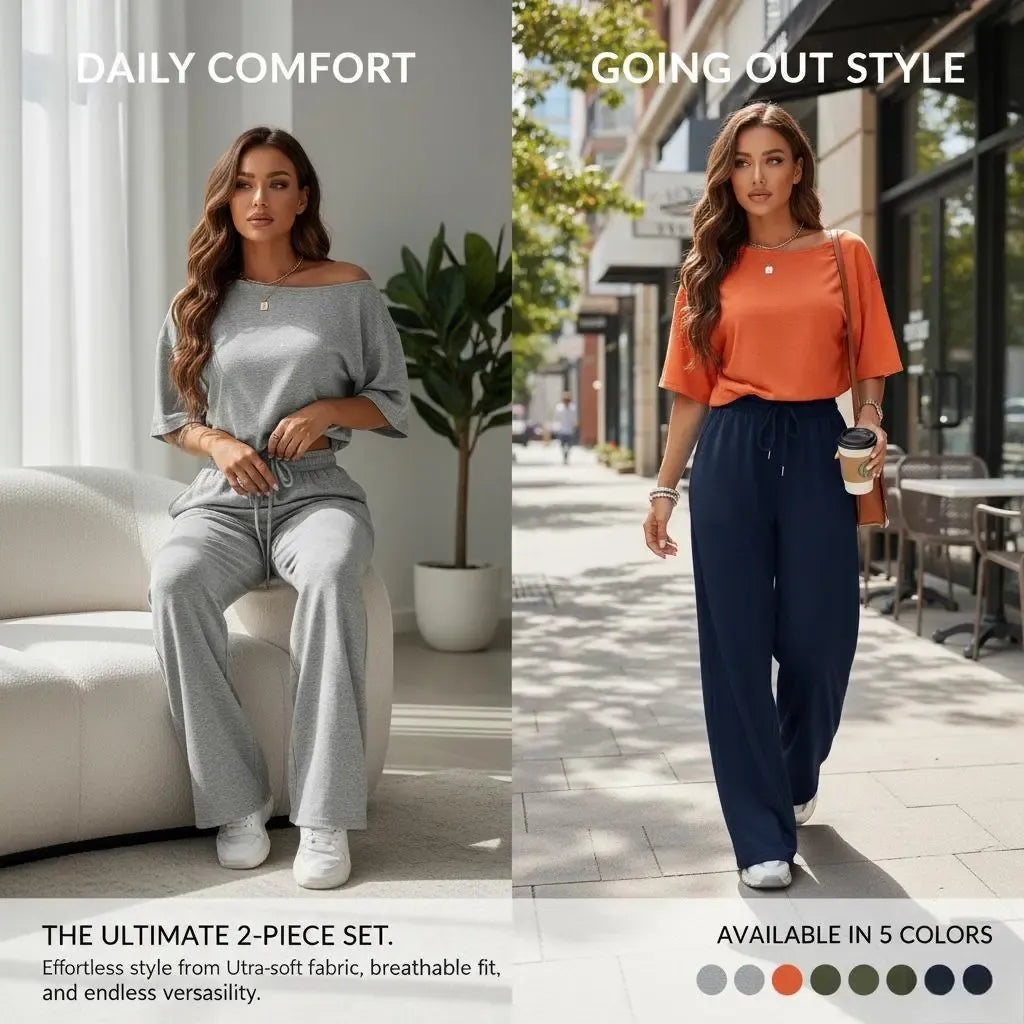 2pcs/Set Women's Minimalist Basic Daily Wear Going Out Sport Comfortable Off Shoulder T-Shirt And Wide Leg Pants Two Pieces Outfits