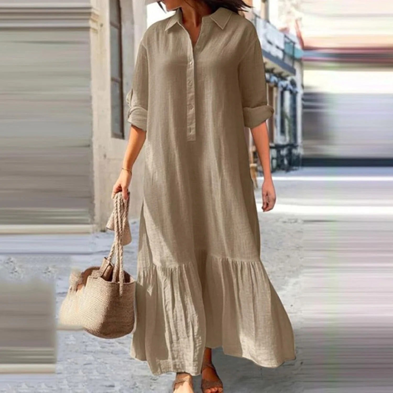 Women's Maxi Dress Linen-feel Dresses Faux Cotton Linen Shirt Dress Kaftan Dress Basic Casual Daily Vacation Regular Fit Plain Long Sleeve V Neck