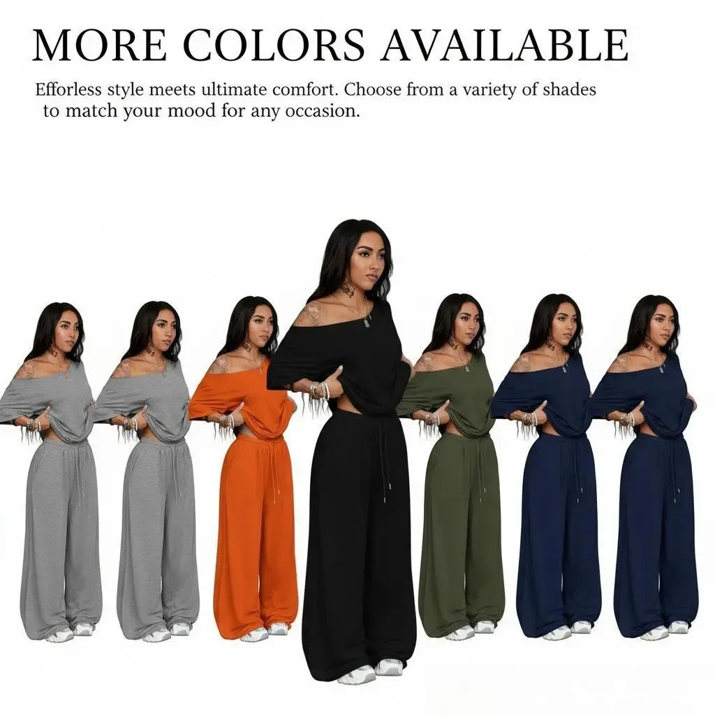 2pcs/Set Women's Minimalist Basic Daily Wear Going Out Sport Comfortable Off Shoulder T-Shirt And Wide Leg Pants Two Pieces Outfits