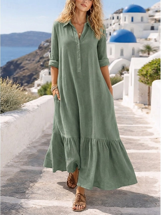 Women's Maxi Dress Linen-feel Dresses Faux Cotton Linen Shirt Dress Kaftan Dress Basic Casual Daily Vacation Regular Fit Plain Long Sleeve V Neck