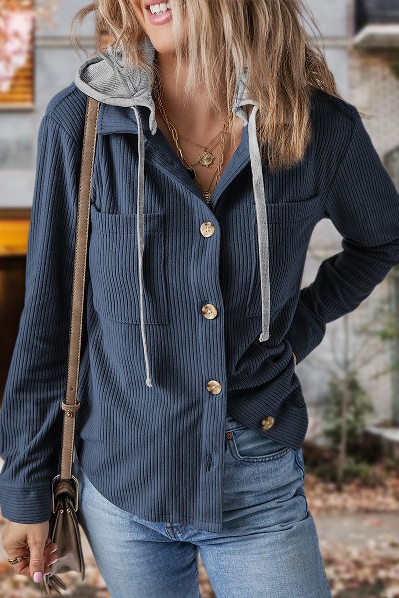 Women's Lapel Button Cardigan Pocket Hood Drawstring Striped Jacket