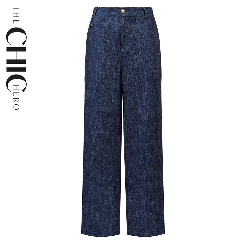 Dark Blue High-Waisted Light Wash Wide-Leg Denim Pants